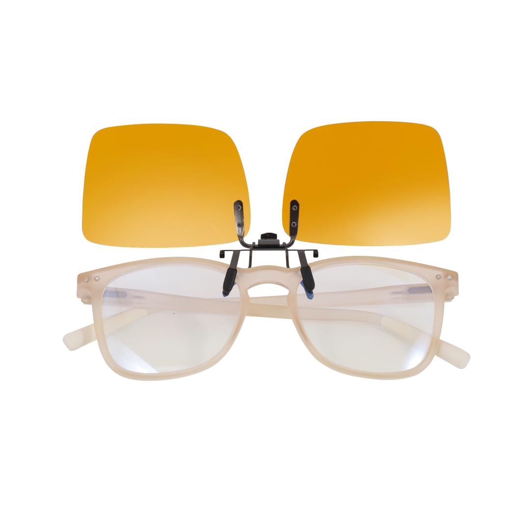 Blue light blocking clip-on glasses with orange lenses, featuring a convenient flip-up design. Perfect for reducing eye strain, improving sleep quality, and protecting against harmful screen glare. Lightweight and compatible with most prescription glasses